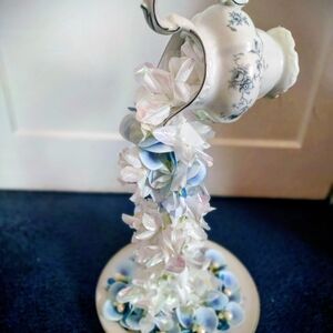 Hand Crafted Floating Teacup with White and Blue Floral Cascade